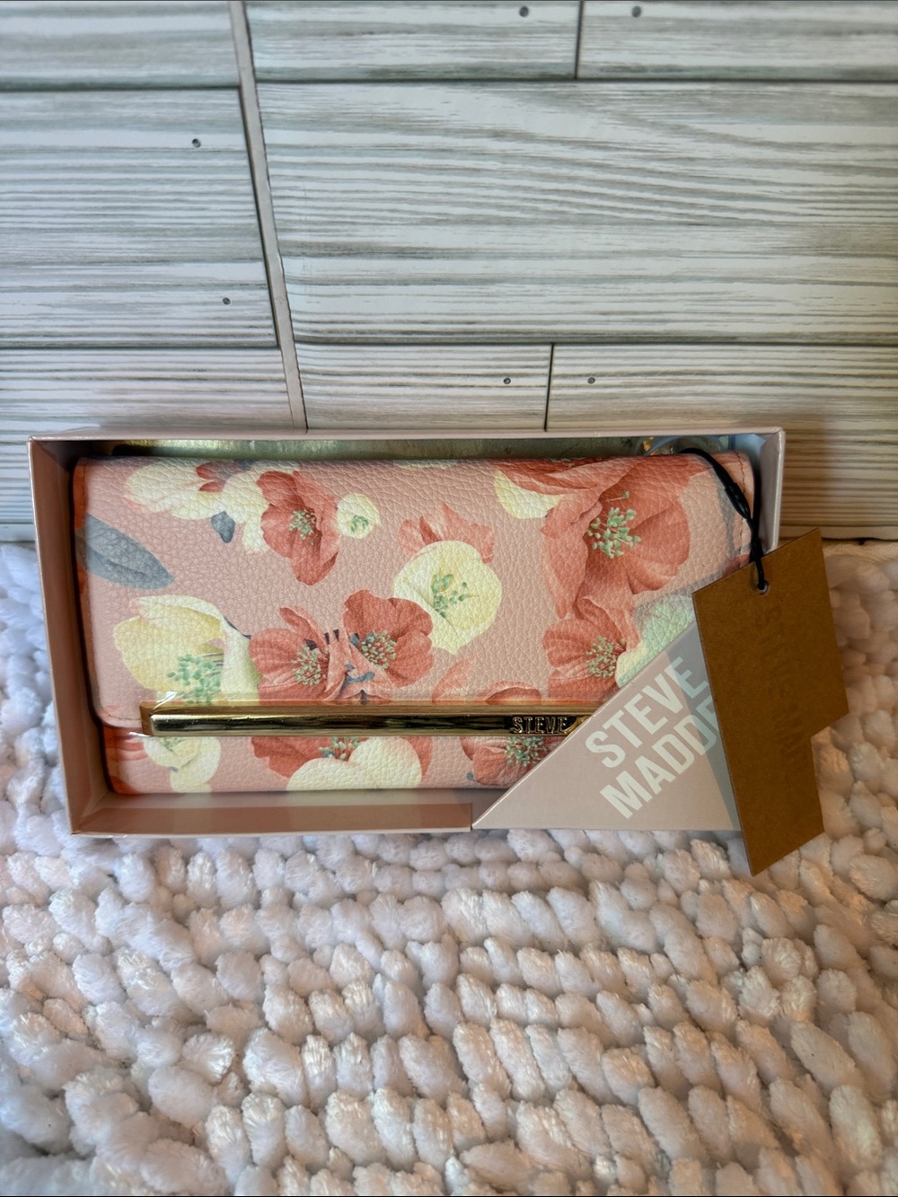 Steve Madden Peach Floral Fold-Over Wallet with Gold Accent